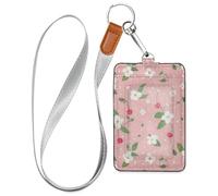 Pink Fresh Crushed Flower Leather Cute Badge Holder with Lanyard and 3-Card Capacity Security Card Holder for Office Worker Nurse Teacher Student