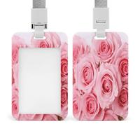 Pink Fresh Roses Badge Holders with Push-Pull Slot&Lanyard Waterproof Plastic Vertical Work ID Card Holder Portable Travel Document Protector Detachable Card Protector