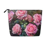 Pink Fresh Roses Print Makeup Bag Cute Cosmetic Bag for Women Makeup Pouch Travel Toiletry Bag for Lady