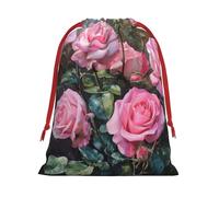 Pink Fresh Roses Print Reusable Drawstring Gift Bags For Candy Bag Birthday, Wedding Or Daily