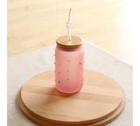 Pink Frosted Multicoloured Heart Jar with Wooden Lid and Pink Bow Straw
