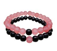Pink Frosted Quartz & Black agate 8mm Round Smooth beads Long Distance Couples Love Friendship Combo Bracelet Set - Couples Relationship 7 inch Stretchable Bracelets set|WW_CPL_S_244_7