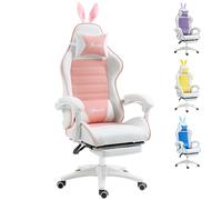 Pink Gaming Chair with Footrest Reclining Swivel Bunny Ears Ergonomic PU Leather
