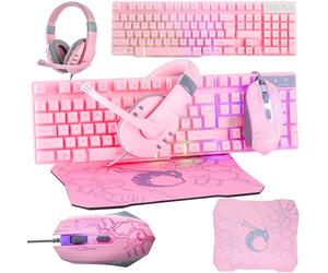 Pink Gaming Keyboard and Mouse Headset Headphones and Mouse pad Wired LED RGB Backlight Bundle Pink PC Accessories for Gamers and Xbox and PS4 PS5 Nintendo Switch Users - 4in1 Edition Hornet RX-250