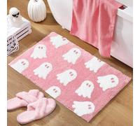 Pink ghost bath mat, soft non-slip cute spooky Halloween bathroom rug, shaggy plush for home bedroom shower floor decoration, 15.75 x 23.62 Inch