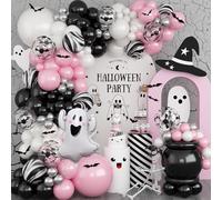 Pink Ghost Halloween Balloon Arch Kit, Pastel Halloween Party Decorations 3D Bat Cute Ghost Balloons Witch Pink Black Silver Balloon for Girls Spooky One Baby Shower Trunk or Treat Birthday Decoration
