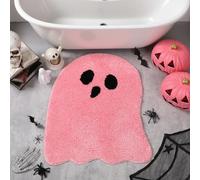 Pink Ghost Halloween Bath Mat,Cute Holiday Indoor Home Decoration | unique ghost curved outline. Suitable for entryways and kitchens to build sweet spooky Halloween home style.