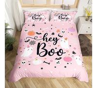 Pink Ghosts Duvet Cover Set Double Size, Halloween Theme Bedding Set 3pcs for Kids Girl Room Decor, Gothic Skull Spider Bat Pumpkin Comforter Cover Soft Polyester Quilt Cover with 2 Pillowcases