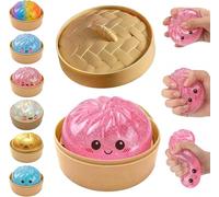 Pink Giant Squishy Dumpling with Steamer Box, Soft Giant Dumpling Fidget Bao Bun Ball Jumbo Large Squeeze Dough for Adults Birthday Holiday Present (red)