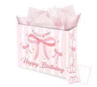 Pink Gift Bag, Birthday Bag with 3 Tissue Papers and 1 Cards, Large Gift Bags for Presents 33 * 12.4 * 26cm, Pink Bow Paper Bags with Handles for Girls Valentines Bridesmaid Wedding