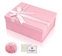 Pink Gift Box, Luxury Gift Box with Lid Ribbon Greeting Card Shred Raffia, Gift Packaging Box for Present Birthday Wedding Christmas Anniversary Festival