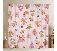 Pink Gingerbread Christmas Curtains For Bedroom, Christmas Gingerbread House Blackout Curtains Happy Holiday Festive Window Drapes Candy Cane Xmas Decorations Window Treatments 2 Panels 52 x 90 Inch