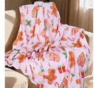 Pink Gingerbread Christmas Throw Blanket, Soft Lightweight Candy Cane Xmas Flannel Blanket for Winter Holiday Couch Sofa Bed Chair Living Rooms Home Decor Gifts 50 x 60 Inch