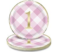 Pink Gingham 1st Birthday Round Dinner Plates (22cm) - Foil Boardorable Pink Design for Baby's First Celebration - 8ct, 9 inch