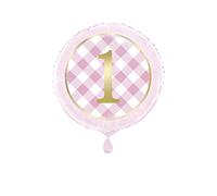Pink Gingham 1st Birthday Round Foil Balloon (45cm) - Dazzling, Adorable & Unique Design - Perfect for Memorable Parties - 1 Pc