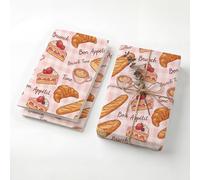 Pink Gingham Bakery Birthday Wrapping Paper Folded Sheets, 120GSM Thick Kraft Wrapping Paper for Women, Parisian Cafe Croissant Cake Print Present Packaging, Two Pack