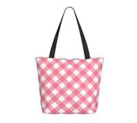 Pink Gingham Plaid Print Tote Bag for Women, Large Shoulder Tote Bag with Zipper, Handbags for Work Travel