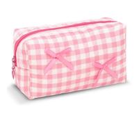 Pink Gingham Quilted Cosmetic Bag, Lace Bow Makeup Pouch, Cute Toiletry Organizer for Daily Travel, Zipper Storage Bag