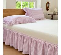 Pink Gingham Wrap Around Ruffled Bed Skirt with Lace Decor, Plaid Grid Adjustable Elastic Dust Ruffles for Twin Bed, 15 Inch Drop Farmhouse Cottage Pleated Bed Frame Cover(Pink Gingham, Twin)