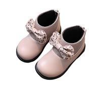 Pink Girls Ankle High Combat Boots Faux Leather Round Toe School Boot - Large Polka Dot Bowknot, Ribbed Knit Panel, Back Zipper, Kids Shoes & Footwear UK Size 5.5