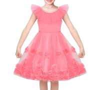 Pink Girls Dress Flutter Sleeves 3D Flower Layered Ruffled Design Party Princess Style for Birthday Wedding Size 8 Years