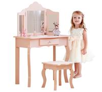 (Pink) Girls Dressing Table with Mirror and Stool, Kids Wooden Vanity Table with Drawer and 3 Foldable Mirrors