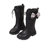 Pink Girls Knee High Boots, White Combat Boots, Leather Lace Up School Boot with Side Zipper, Waterproof Casual Shoes, Green Yellow Blue Autumn Winter Fleece Lined Boot UK Ages 4-12 Size 29 30 34 37