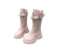 Pink Girls Knee High Boots, White Combat Boots, Leather Lace Up School Boot with Side Zipper, Waterproof Casual Shoes, Green Yellow Blue Autumn Winter Fleece Lined Boot UK Ages 4-12 Size 29 30 34 37
