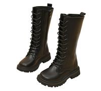 Pink Girls Knee High Boots, White Combat Boots, Leather Lace Up School Boot with Side Zipper, Waterproof Casual Shoes, Green Yellow Blue Autumn Winter Fleece Lined Boot UK Ages 4-12 Size 29 30 34 37