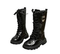 Pink Girls Knee High Boots, White Combat Boots, Leather Lace Up School Boot with Side Zipper, Waterproof Casual Shoes, Green Yellow Blue Autumn Winter Fleece Lined Boot UK Ages 4-12 Size 29 30 34 37