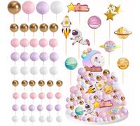 Pink Girls Outer Space Cake Toppers 58Pcs Astronaut Rocket Stars Cupcake Pick Toppers Decorations for Birthday Party Supplies Baby Shower