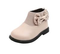 Pink Girls Polka Dot Bow Boot Kids Walking Boots Back Zipper Ankle-high Faux Leather Knit Panel School Shoes Cute Round Toe Lightweight Winter Hiking Footwear UK Size 8