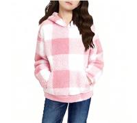 Pink Girls School Jumper Teddy Fleece Hooded - Sweatshirt Plaid Print Sherpa Pocket Pullover Checkered Winter Warm Hooded Casual Sports Fuzzy Kids Jumper 11 Years