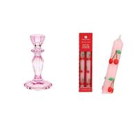 Pink Glass Candlestick Holder & Cherry Dinner Candles Valentines Table Bundle