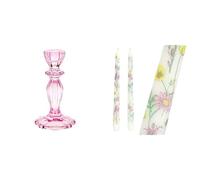 Pink Glass Candlestick Holder & Meadow Spring Tapered Dinner Candles Table Bundle
