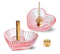 Pink Glass Heart Incense Holder 2PCS, Elegant Stick Burner with Ash Catcher - For Sage & Palo Santo