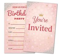 Pink Glitter 15x9cm Personalisable Birthday Invitation Cards Set for 10th Birthday Party - Double-Sided Invites with RSVP Fields and Glittery Envelopes for Girls Celebrations and Party Events