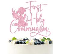 Pink Glitter First Holy Communion Cake Topper, First Confiamtion Spanish Baptism Baby Girls Cross Décor, Religious Christening Wedding Enagement Party Decorations Supplies