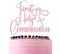 Pink Glitter First Holy Communion Cake Topper, Rosary Cross My Baptism Decor, Religious Christening Baptism Baby Shower Party Decorations Supplies