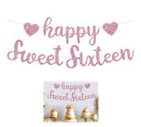 Pink Glitter Happy Sweet 16 Birthday Banner, Pre-Strung Sweet Sixteen Party Decorations Glitter Cute 16th Birthday Party Bunting Garland Sign for Girls, Women