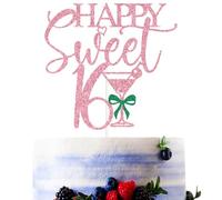 Pink Glitter Happy Sweet 16 Cake Topper, Sweet Sixteen/Martini Happy 16th Birthday, Martini Tini Bar Mogito Bow Themed 16th Birthday Party Decorations