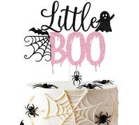 Pink Glitter Little Boo Cake Topper, A Baby is Brewing/A Little Boo is Almost Due, Funny Halloween Spider Baby Shower Party Decorations Supplies