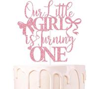 Pink Glitter Our Little Girl is Turning One Cake Topper, Bowties Themed Baby's 1st Birthday Baby Shower Party Decorations Supplies