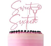 Pink Glitter Sweet Sixteen Cake Topper, Matini A Tini Bit Old Decorations, Espresso Martini Weenies Tiny Bar Themed 16th Birthday Party Decorations Supplies