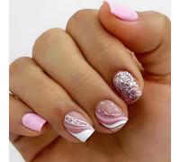 Pink Glitter Waves Press On Nails - 24PCS Short Square Shape With Pink Nude White Wave Glitter - Glossy Stick On False Nails For Women For Elegant Daily Wear Party Or Wedding Manicure