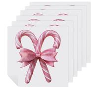 Pink Glittery Candy Cane with A Bow Cloth Napkins Set of 6, Square Premium Reusable Washable Polyester Table Linen Napkin for Dinner Party