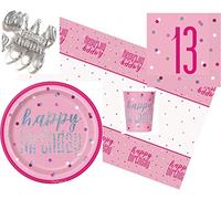 Pink Glitz 13th Birthday Party Tableware Pack for 16