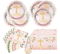 Pink God Bless Tableware Set,First Communion 20 Plates and 20 Napkins and Tablecloth51'' x 86'',For Newborn Baptism Church Party Decoration