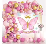 Pink Gold Balloon Arch Kit, 100pcs Hot Pink Balloon Garland with Butterfly Sticker Butterfly Backdrop, Retro Rose Gold Princess Birthday Decoration Woman Girl for Baby Shower Happy Birthday Party Deco