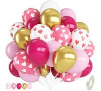 Pink Gold Balloons,12 Inch Heart Printed Balloons, Metallic Gold Hot Pink Maca Pink Latex Balloon with Heart Printed Balloon for Mother's Day Wedding Girls Women Birthday Party Decorations
